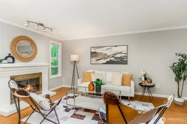Family room features a cozy fireplace