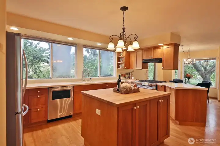 Custom cherry cabinets, butcher block center island and quartz countertops. Your back is to the entrance of the main level bedroom and the hallway to the half bath, laundry room & garage.