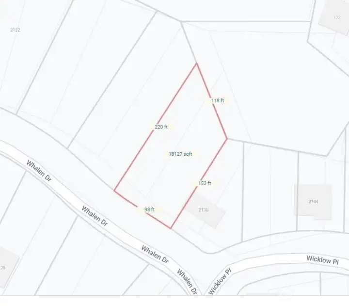 Lot dimensions, .42 acre lot on Whalen Drive.
