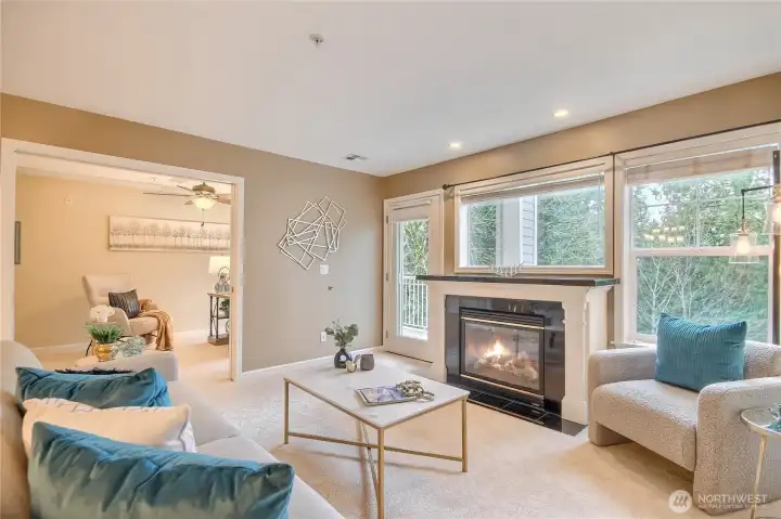 Cozy gas fireplace, easily flow from LR to den, access your deck from both the LR and den, enjoy all the natural light from both rooms.