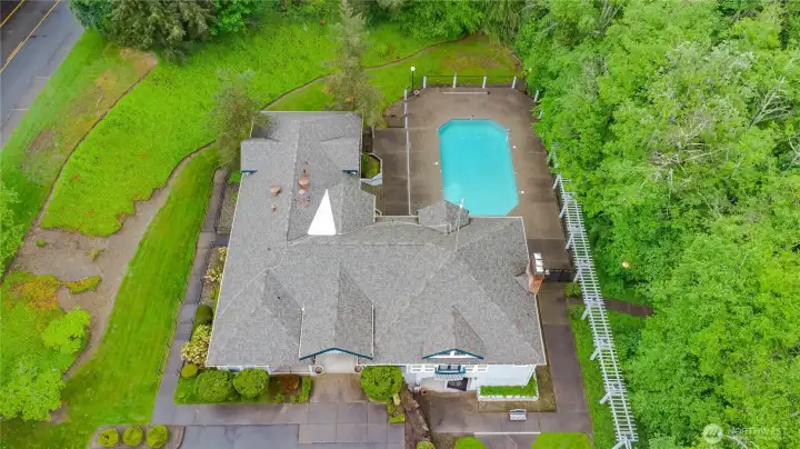 erial view of the clubhouse and pool.
