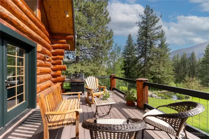Expansive Trex deck with copper-capped log accents overlooking the landscaped yard, swimming pond, and surrounding mountain landscape. Designed for outdoor living and entertaining, the setting captures peaceful forest and valley views in every direction.
