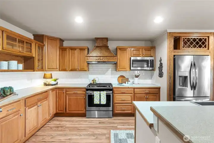 Kitchen offers ample counter space and storage.