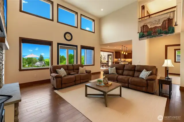 Open concept great room with 20' cathedral ceilings and amazing natural light.