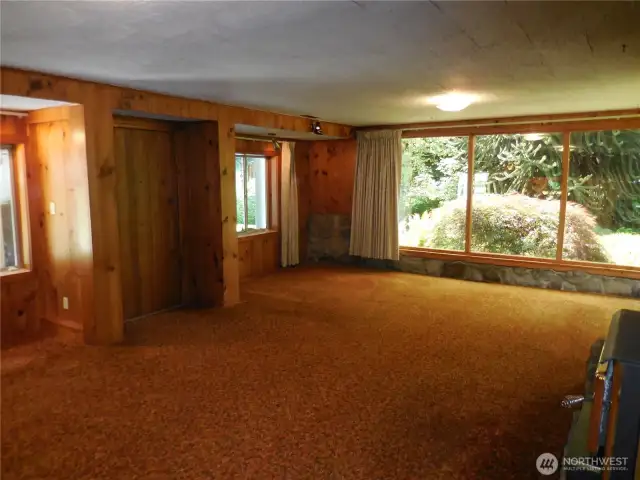 Owner pulled up a corner to find -he thought hardwood, but I am thinking Fir Soft Wood Flooring under the Orange/Red Shag Carpet!!
