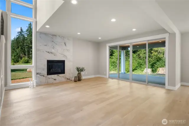 Gas fireplace,floor to ceiling windows