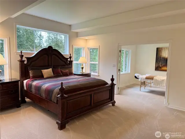 This view highlights the spacious master bedroom with unique architectural design, elegant cove ceiling, natural lighting, brand new luxurious carpets and an adjacent versatile room - perfect for an office, nursery, or private retreat.