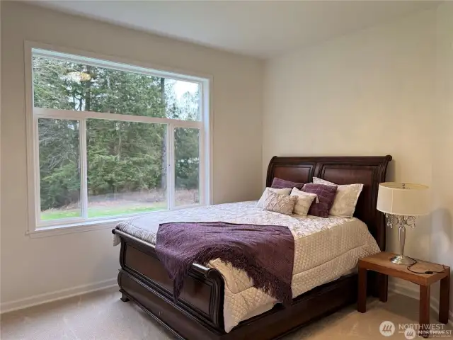 Second of four additional bedrooms on the main level offers peaceful views of the park-like setting and sport court - perfect for enjoying natural light and outdoor scenery.