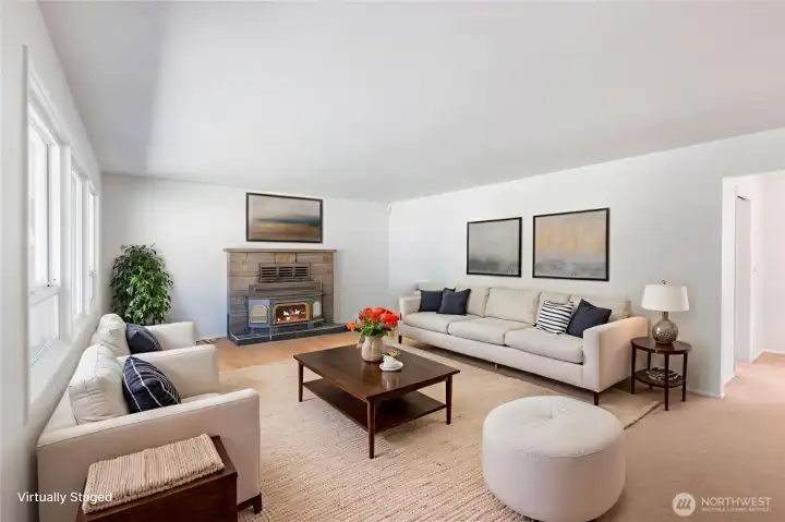 Living Room Wood Burning Fireplace Virtually Staged