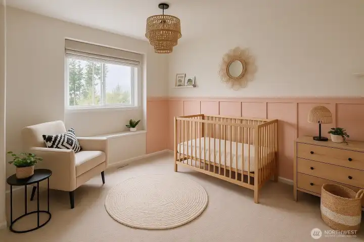 Spacious Bedroom #3 (window looking out to side yard). Brand new carpet installed. Virtually Staged including chandelier