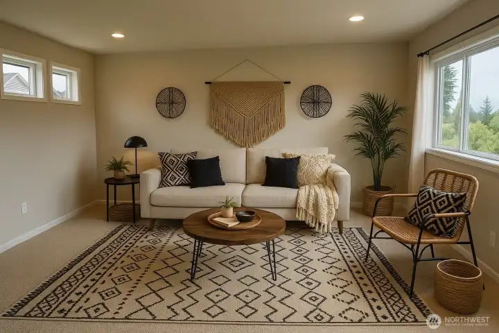 Oversized Bonus room with windows to front and back of house. Virtually Staged