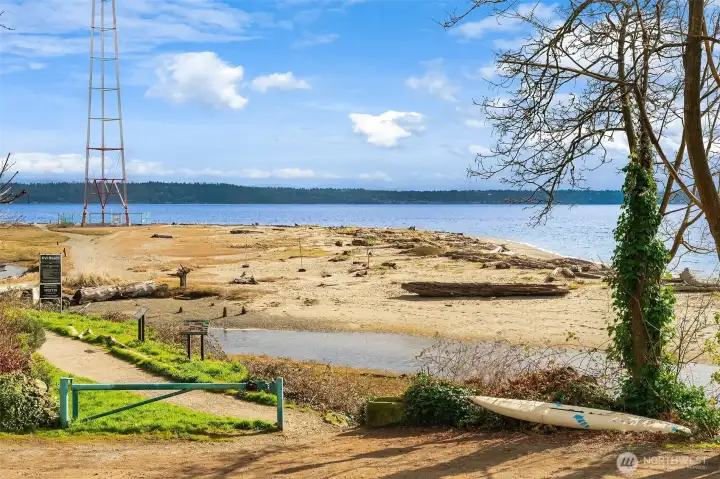 Point Heyer, or KVI as the locals know it, is down the hill a short distance. The stream warms in the summer and you will find kids of all ages romping in it to cool off and hunting for crabs.