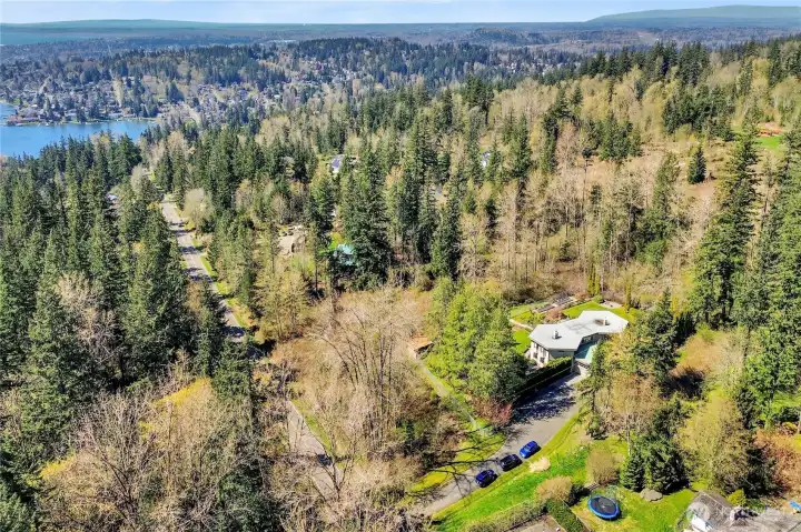 Aerial showing driveway off of Academy.  Home very private.