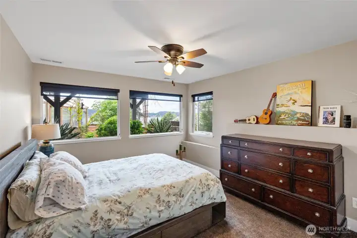 There are even water views from this lower level bedroom.