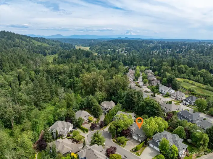 Ideally located in The Highlands at Newcastle, this home enjoys territorial views with Mount Rainier in the distance and Cougar Mountain nearby