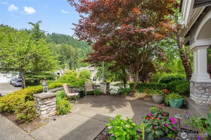 Lovely front patio area looks out to Cougar Mountain