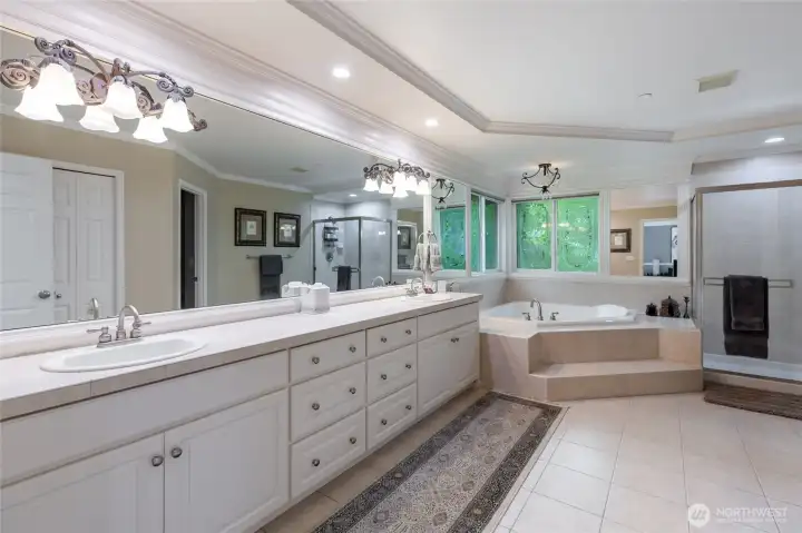 Spacious primary bath featuring dual vanity, oversized mirror, soaking tub, and separate glass-enclosed shower.