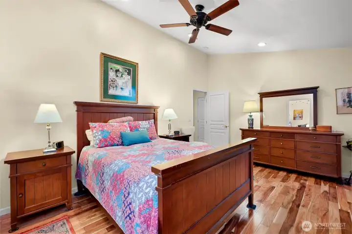 Retreat to the primary suite which offers a spa bath with soaking tub, standing shower and office space with gas fireplace.