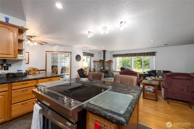 Kitchen view looking into the living room with a wood freestanding stove and entry doors to the back covered deck and outside fireplace.