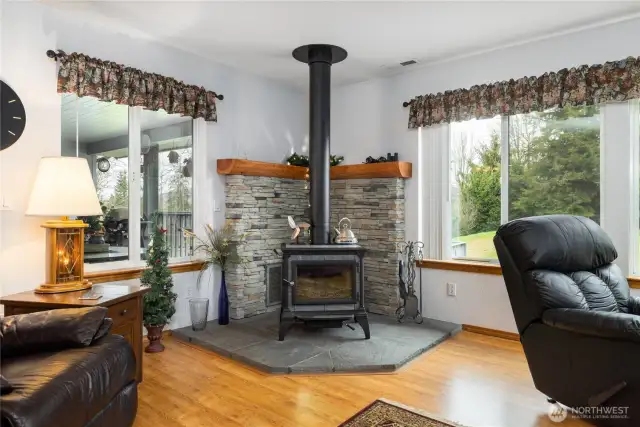 Beautiful wood stove with hand cut stones.