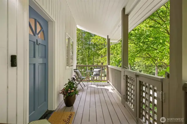The large covered porch offers a pleasant place to escape sun or sprinkles, and enjoys a view of the lovingly-created organic cottage gardens. The handy gate can be closed to corale pets and/or kids, or left ajar to welcome guests.