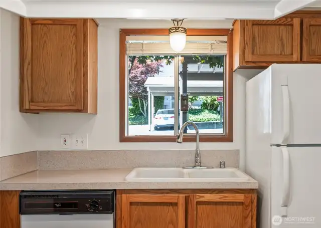 View from the Bright Kitchen is nice with the Mature Red Maple Tree view.