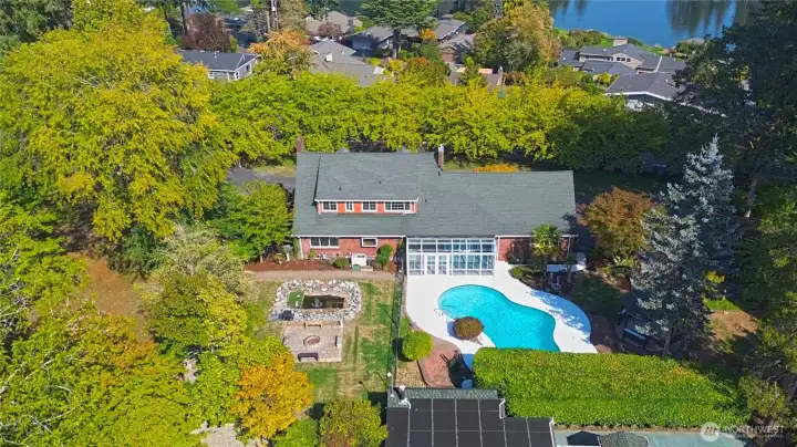 Scenic aerial view of home and pool!