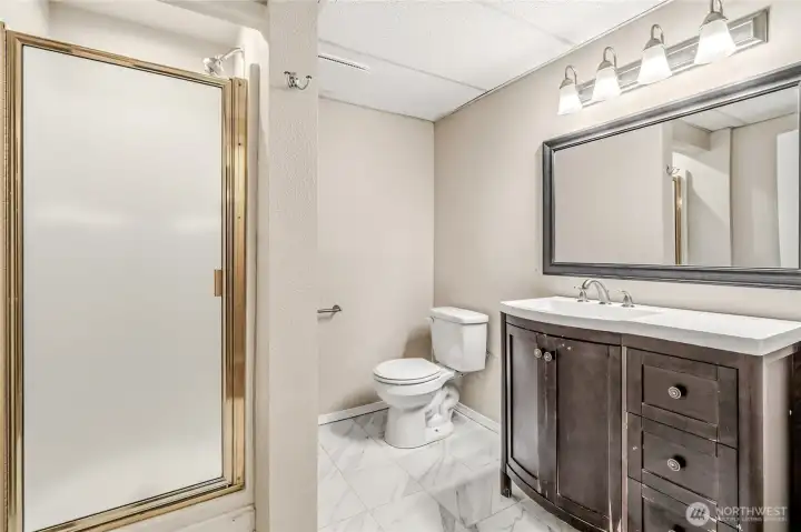 Full bathroom in basement.