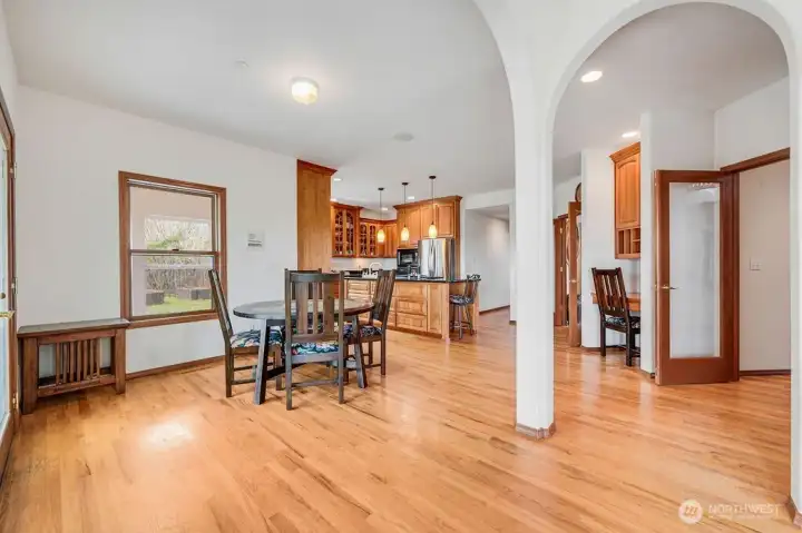 Open kitchen with flexible dining areas.