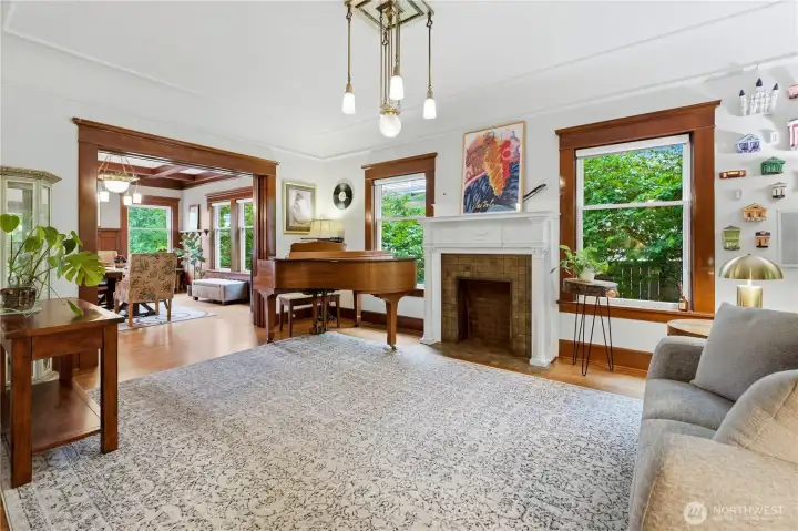 Living Room with Adams fireplace hearth
