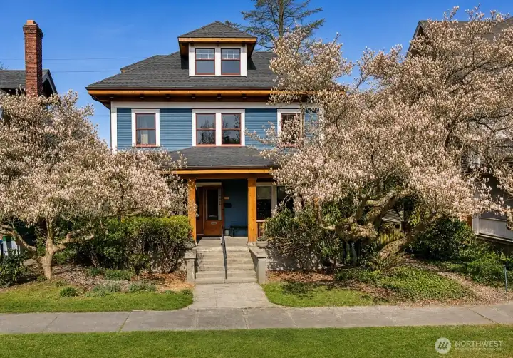 Shot from 2014 listing before the trees out front got bigger! Color and resolution enhanced by AI