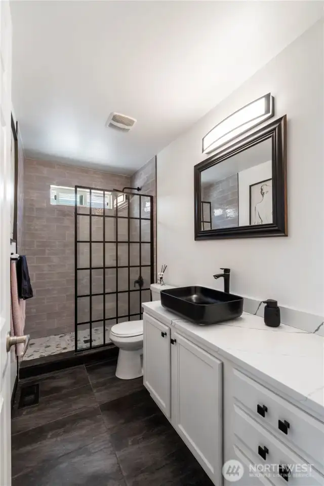 This is the fully remodeled upstairs bathroom.