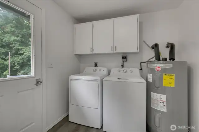 utility room off of kitchen with access to back yard and bathroom
