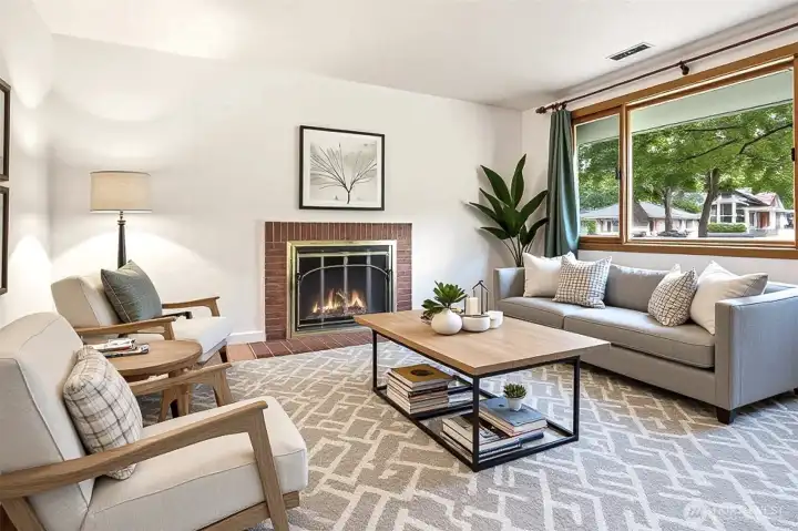 Living room with hardwoods & fireplace (Virtually Staged)