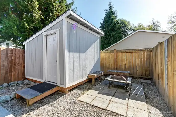 Storage shed, pad area wired for hot tub