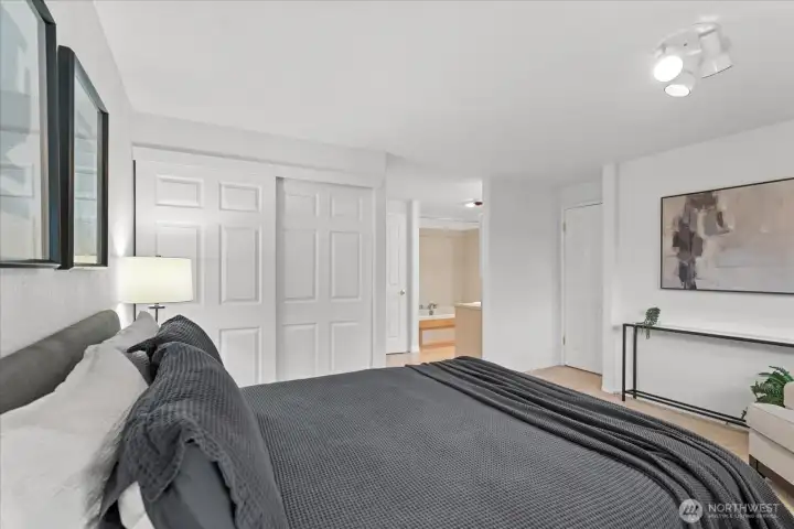 A view of a large Linen closet in Primary. This small home was updated with function in mind by the sellers over the years.
