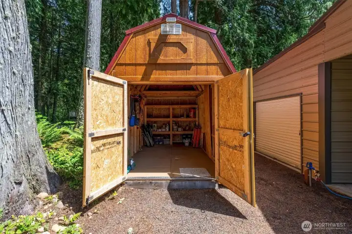 Shed has solar lights installed for convenience