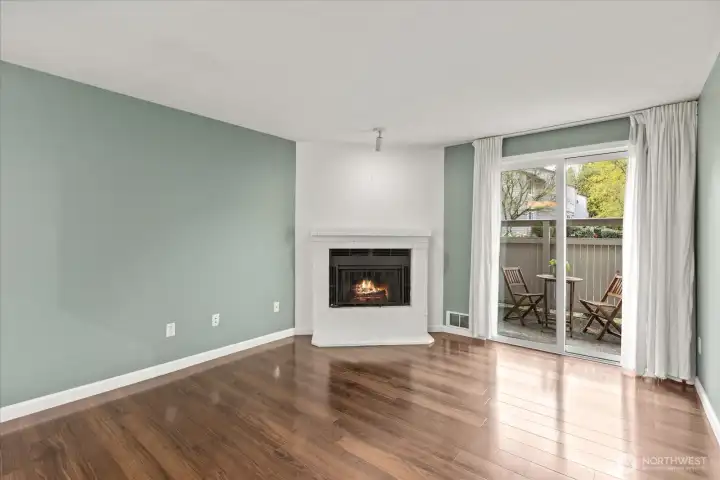 Living room with wood burning fireplace