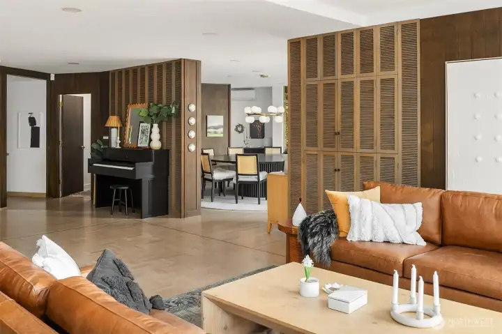 Living room connects to circular dining room with seating for 12 Living room connects to circular dining room with seating for 12