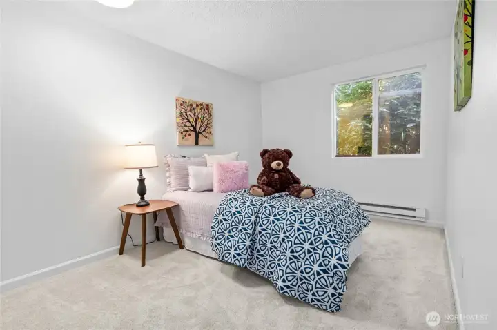 Good-sized, private second bedroom, with new carpet and fresh paint.