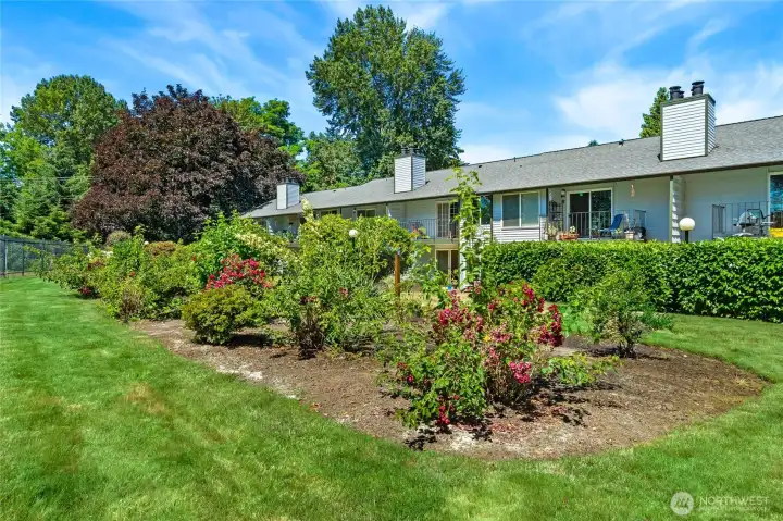 Tended rose garden and manicured shrubs grace the expansive yard behind the building.