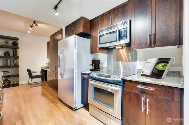 A closer look at the kitchen with stainless steel appliances.