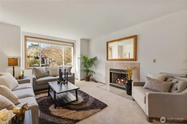 Formal living room warmed by a wood-burning fireplace.