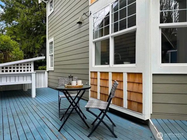 The south facing deck off of the kitchen. Covered storage for bikes and gear is outside too.