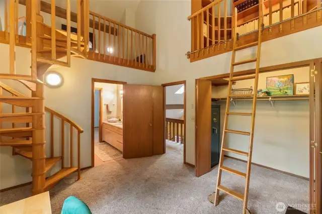 Library nook on the top right, loft on the left