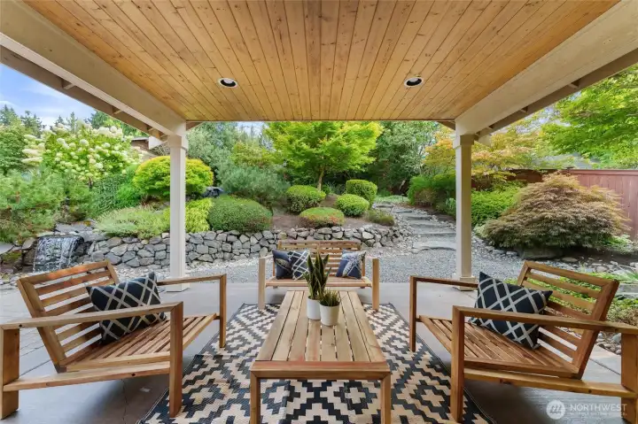 Kitchen slider leads to covered patio