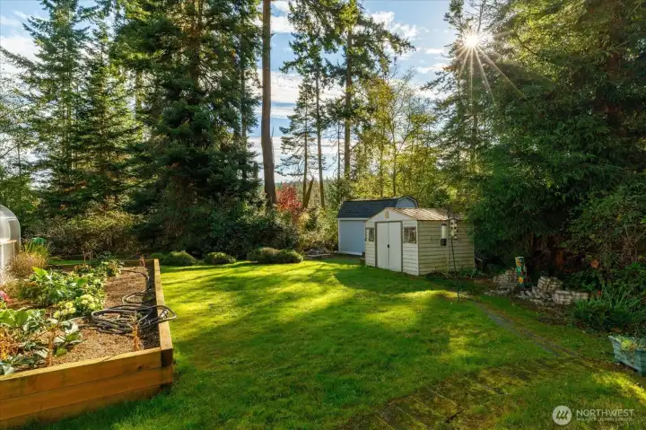 Back yard showing the two outbuildings/storage sheds.
