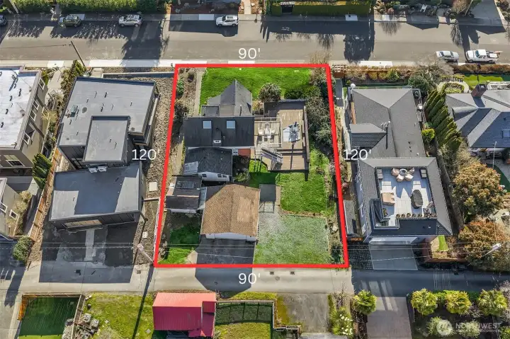 10,800 sq ft rectangular flat lot (90'x 120').  For perspective adjacent lots are approx.7,400 sq ft.