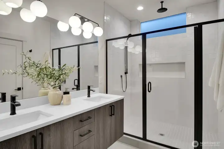 and luxurious and bright primary bathrrom