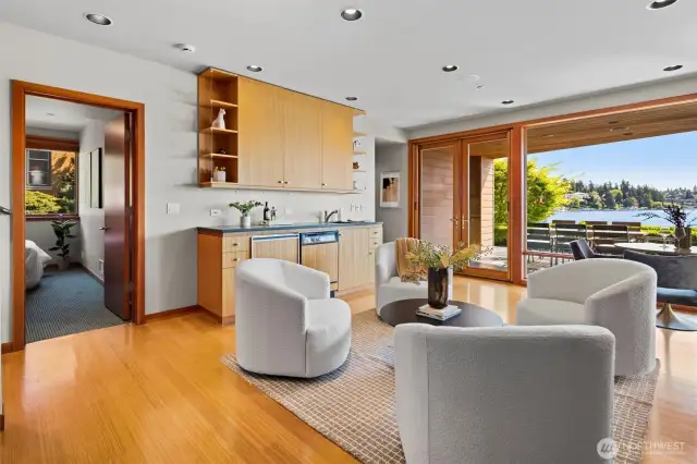 Kitchenette with mini-refrigerator, microwave, sink & dishwasher